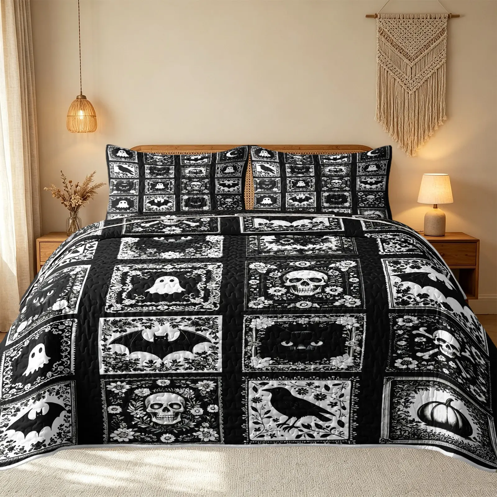 3Pcs Black Halloween Element Patchwork Quilt Set, Printed Bedding Set, Includes 1 Quilt and 2 Pillowcases Black Framed Grid Print With Ghost Skull Black Cat Bat Pumpkin Retro Halloween Style Reversible Lightweight Bedding No Inner Filling All Season