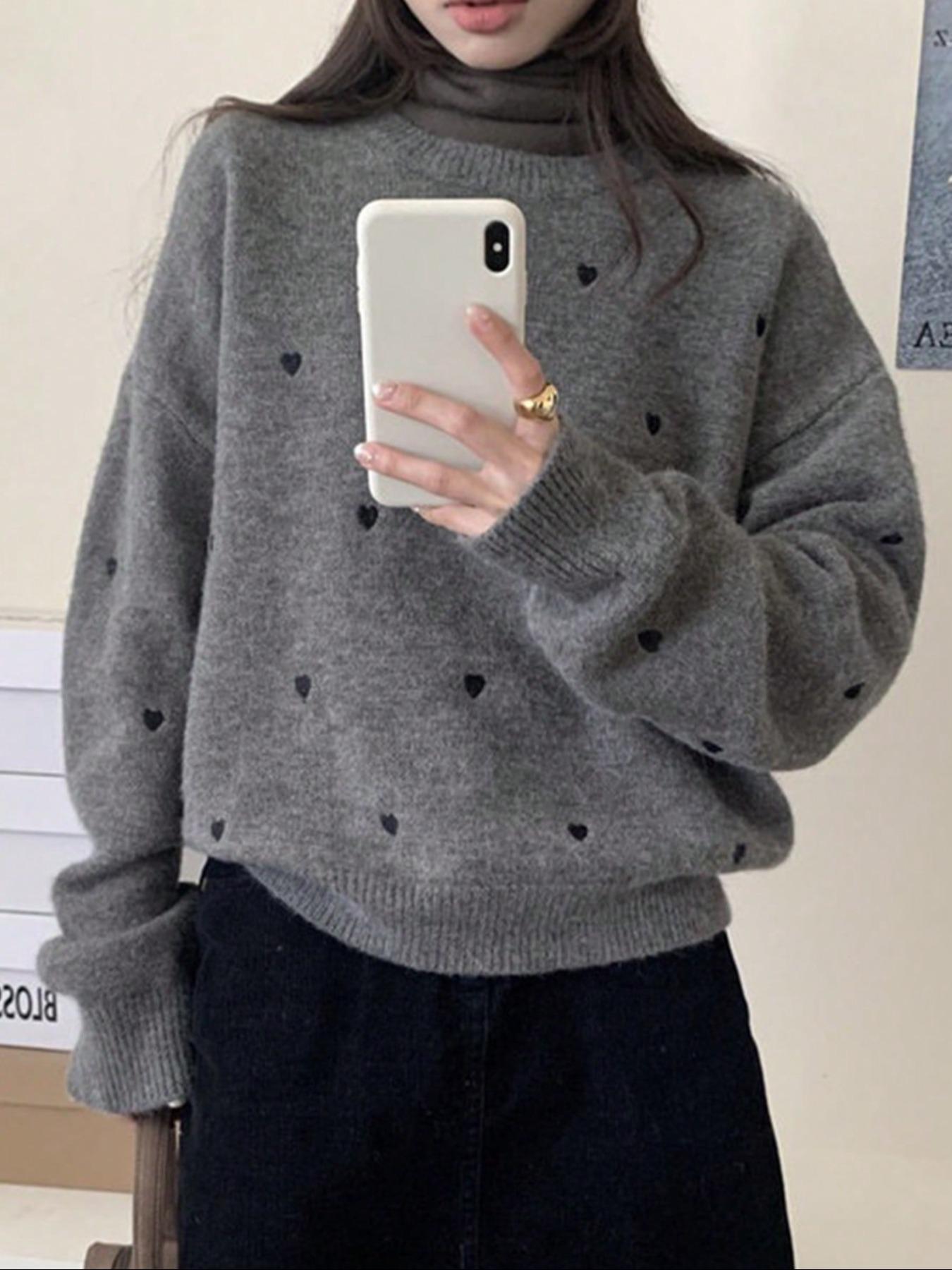 Women's Heart Embroidery Drop Shoulder Sweater, Casual Long Sleeve Round Neck Jumper for Fall & Winter, Fashion Ladies' Knitwear for Daily Wear