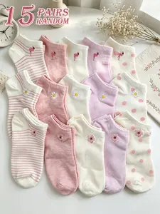 Random 5/10/15 Pairs Pink No Show Socks, Cute Style, Cherry Blossom, Flamingo & Daisy Embroidery, Stripe & Polka Dot Print, Skin-friendly & Breathable, Versatile Socks for Girls Daily & Commute