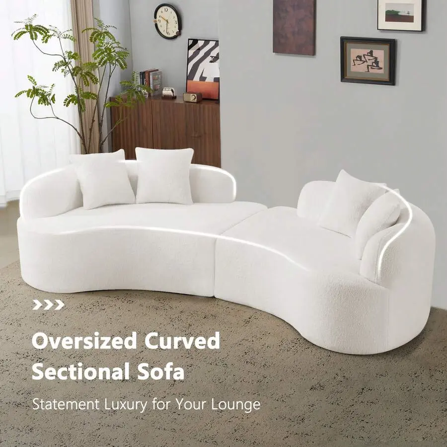 Curved Cloud Couch Sofa, 4 Seater Modern Teddy Velvet Sofa, No Assembly Full Sponge Compression Sofa, White Curved Sectional Couch Living Room, Apartment, Small Space, Luxury Minimalist Upholstered Sofa