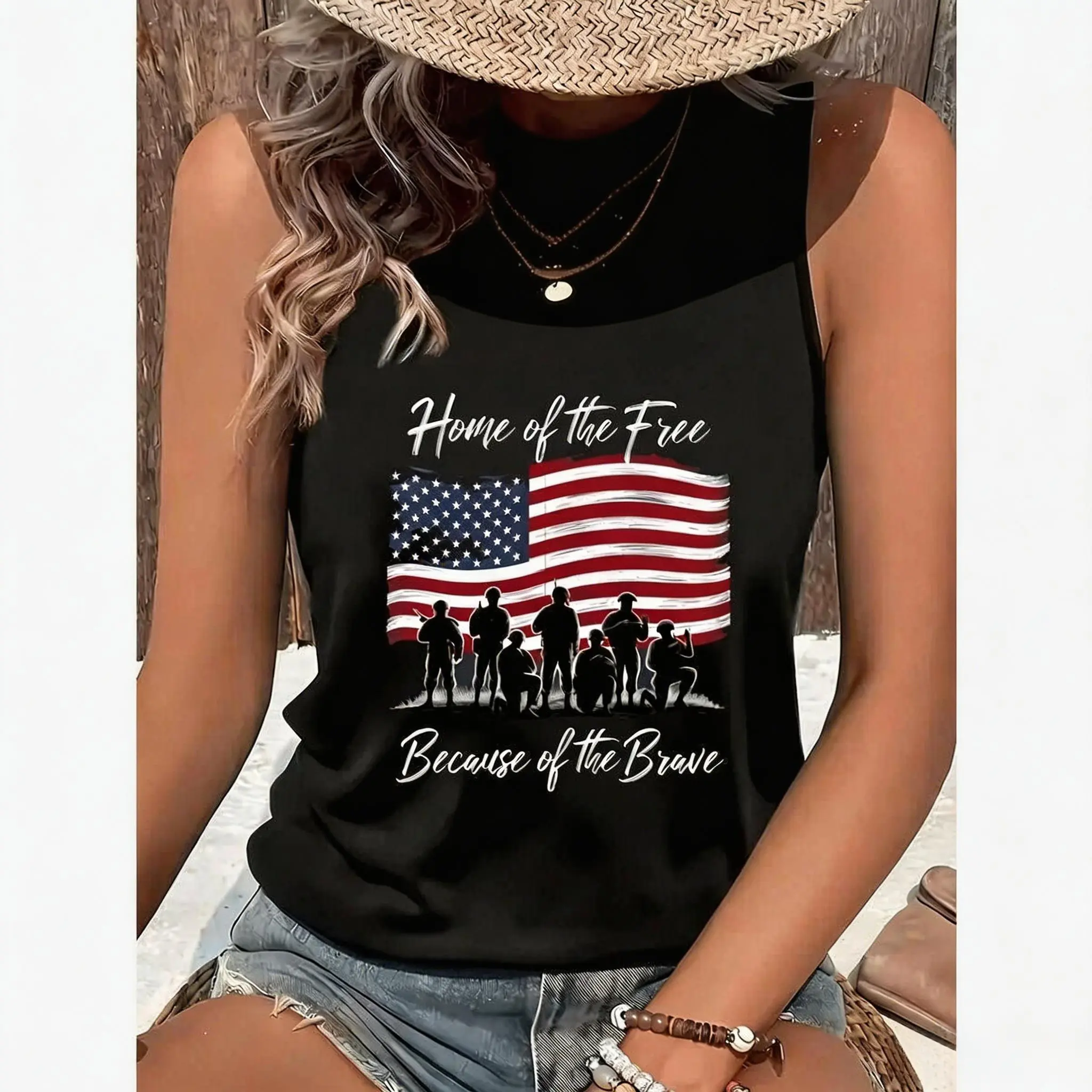 Women's Fashion Patriotic Stars and Stripes Printed Sleeveless Vest Tank Top - Breathable Military Style, "Freedom House" Citation, Fits Casual Summer Wear, Machine Washable