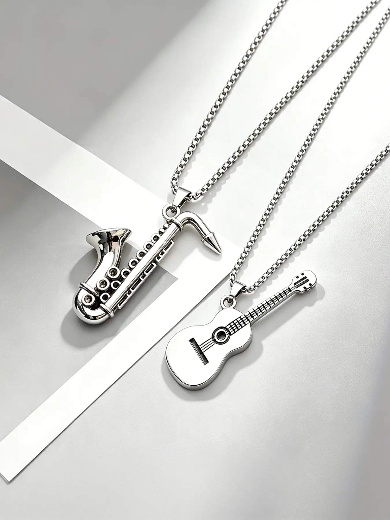 Men's Guitar and Saxophone Pendant Necklace Set, 2-Piece Fashion Jewelry for Music Lovers, Perfect Gift for Him, Chain Necklace