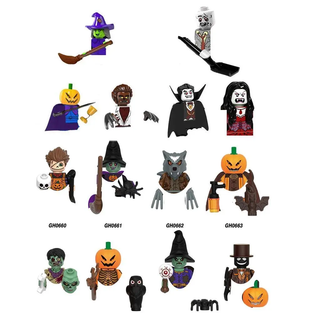Halloween Horror Figures Mini Building Blocks Set, Pumpkin Witch Vampire Zombie Toys, Collectible Gift for Kids Adults
