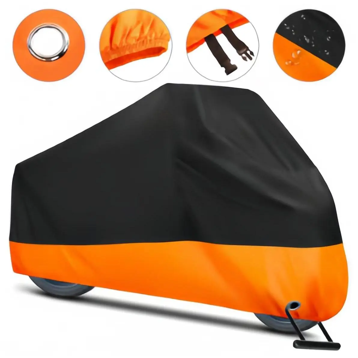 3XL 190T Motorcycle Cover, Black Orange Waterproof Motorbike Shelter With Lock Hole, Windproof Dust UV Snow Protection, Elastic Hem & Buckle Strap, Outdoor Storage Cover For Most Motorcycles