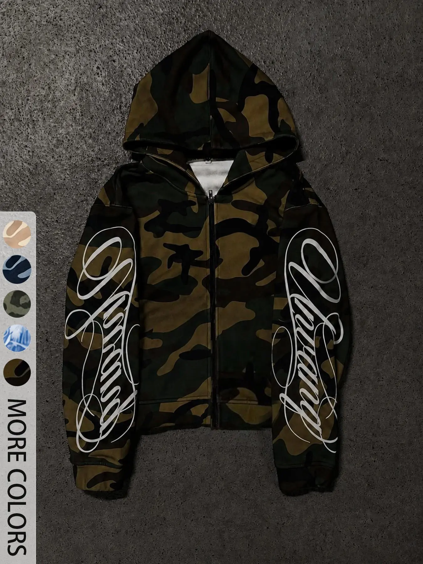 Men's Y2K Camo Zipper Hoodie, Gothic Script Letter Print Loose Streetwear Jacket, Perfect for Hip-Hop Daily Casual