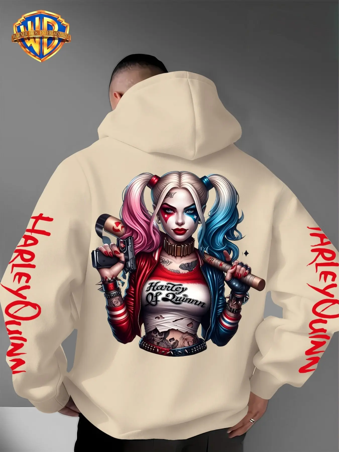 Warner Bros Men's Harley Quinn Hoodie, Tan Color, Long Sleeve, Casual Retro Street Style, All Seasons, Loose-Fit, Letter Pattern
