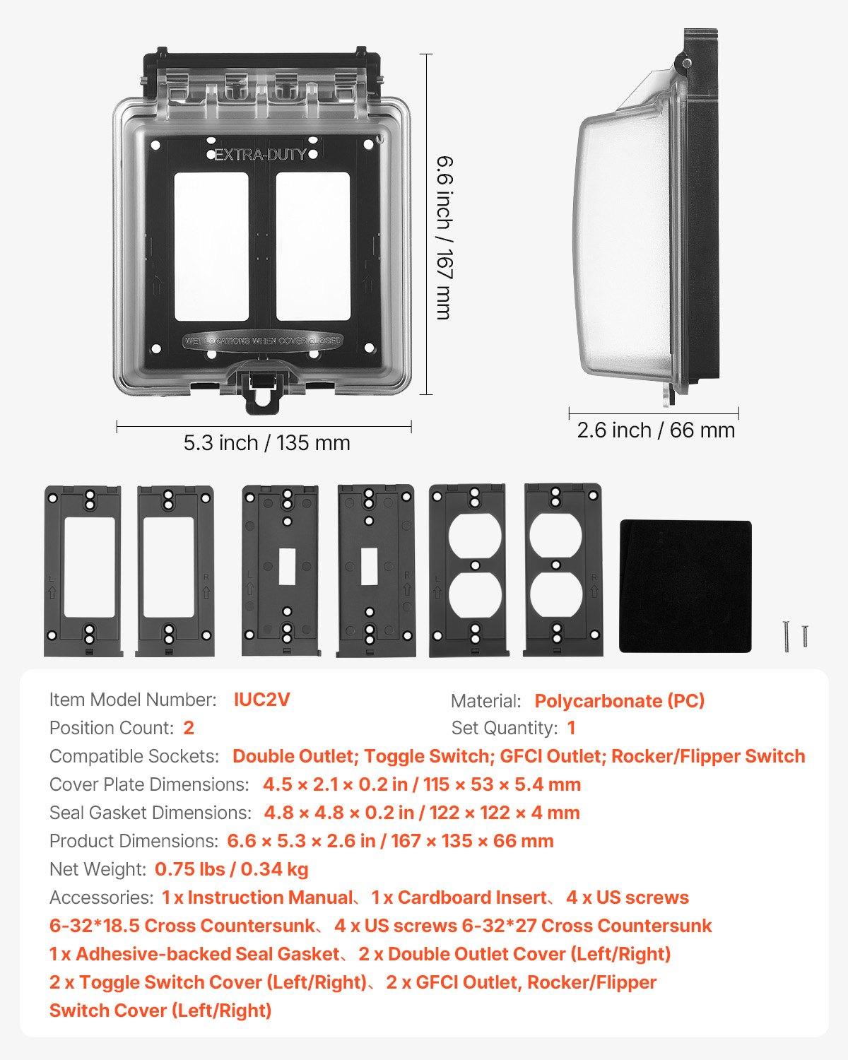 VEVOR Outdoor Outlet Cover, 2-Gang Weatherproof Electrical Outlet Cover with Lockable Design, High-Strength PC Material, 12-in-1 Outside Receptacle Socket, Horizontal/Vertical for Easy Installation