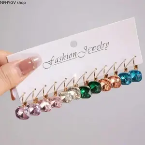 6 Pairs Colorful Glass Crystal Dangle Earrings, Elegant Sparkling Assorted Ear Jewelry Set, Trendy All-Match Accessories Stylish Ornaments For Daily Casual Wear, Birthday Holiday Gifts For Women Friends