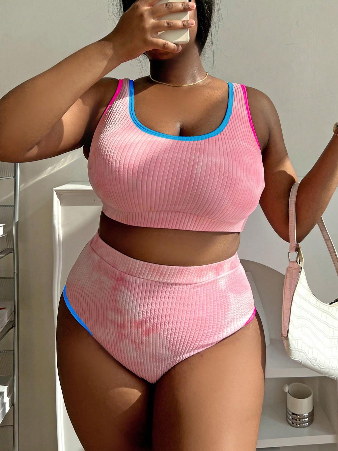 Plus Size Two-piece Set Colorblock Summer Tankinis Set, Casual Swimwear Set for Beach Pool, Women's Swimsuit for Summer, Tankini Bathing Suits, Tankini Outfit, Tankini Swimsuits Women