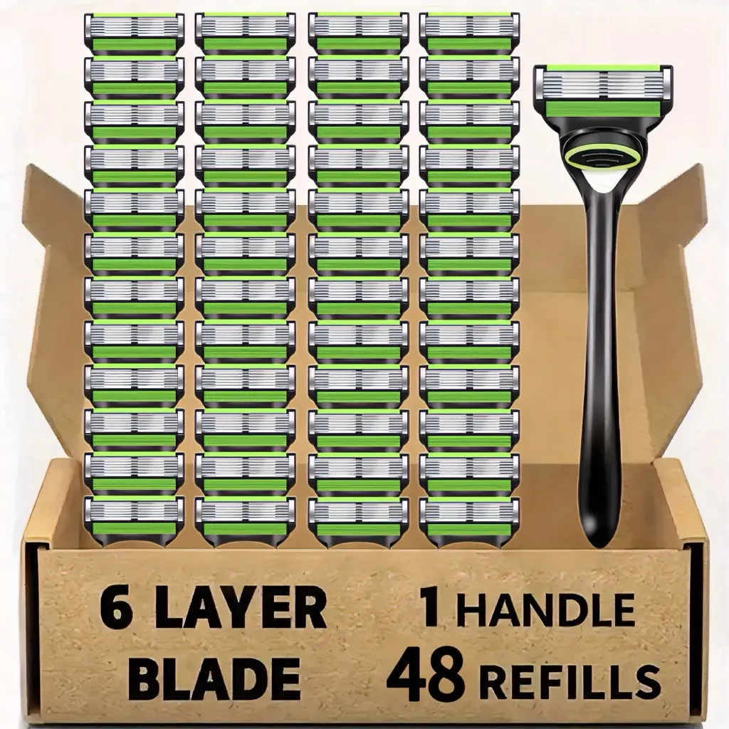 Men's Manual Shaving Set, 6-layer Stainless Steel Manual Shaver, Anti Slip Handle Equipped with 48 Replaceable Blade Heads, Reusable, Smooth and Comfortable Shaving Without Residue, Men's Shaving Tool, Daily Shaving Tool