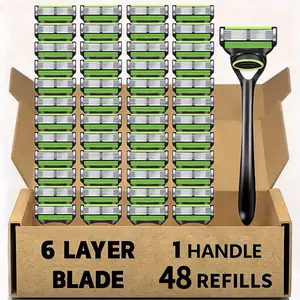 Men's Manual Shaving Set, 6-layer Stainless Steel Manual Shaver, Anti Slip Handle Equipped with 48 Replaceable Blade Heads, Reusable, Smooth and Comfortable Shaving Without Residue, Men's Shaving Tool, Daily Shaving Tool