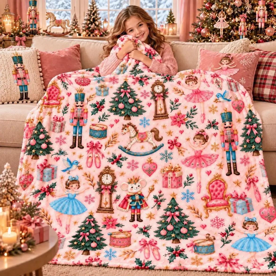 Pink Nutcracker Christmas Blanket Ballerina Holiday Throw Sugar Plum Fairy Flannel Blanket Girls Christmas Gift Cozy Winter Bedding Pink Christmas Decor