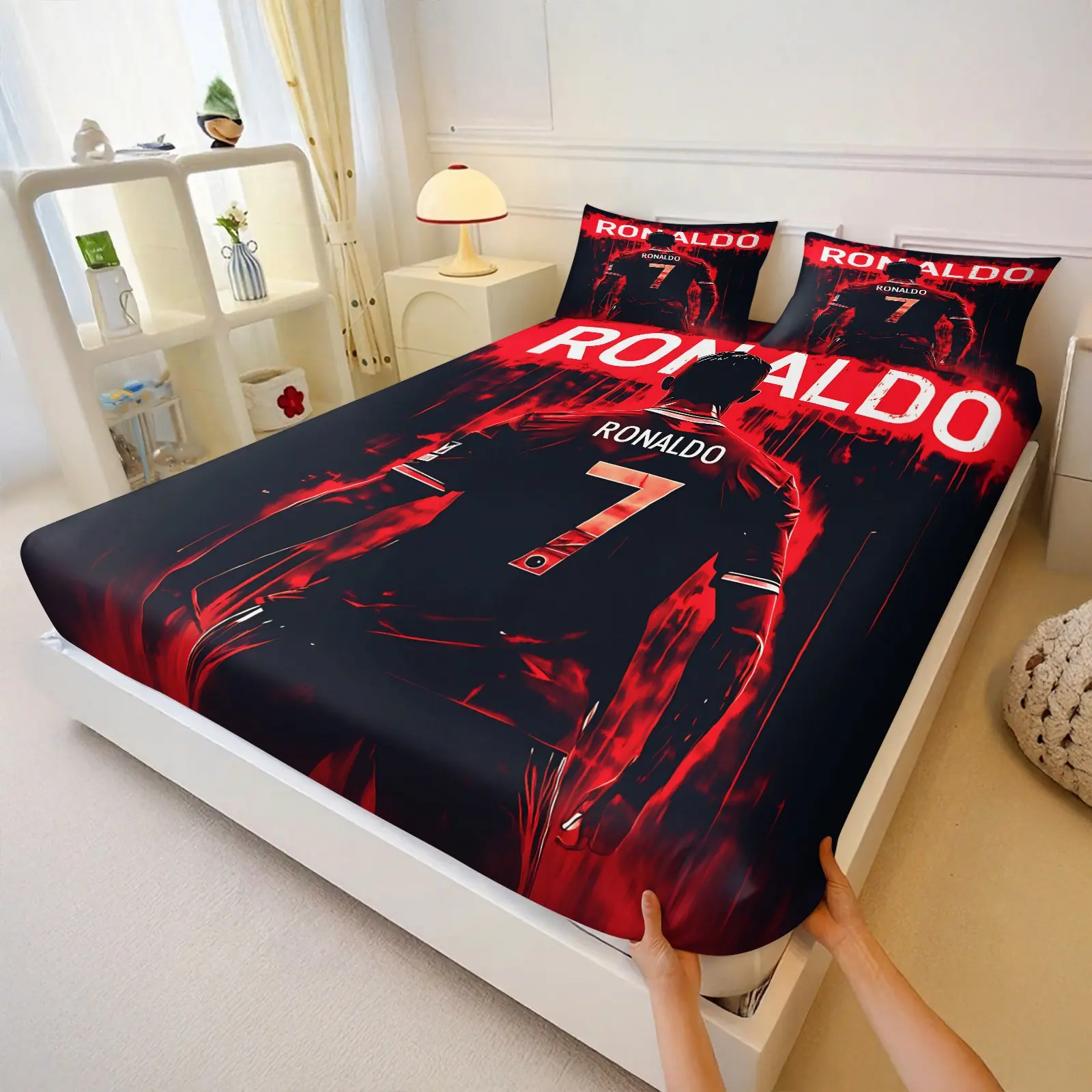 Cristiano Ronaldo No.7 Fitted Sheet 3pcs Set, & Splash, Soft Microfiber, Manchester United Football Star Bedding, Soccer Fan Gift