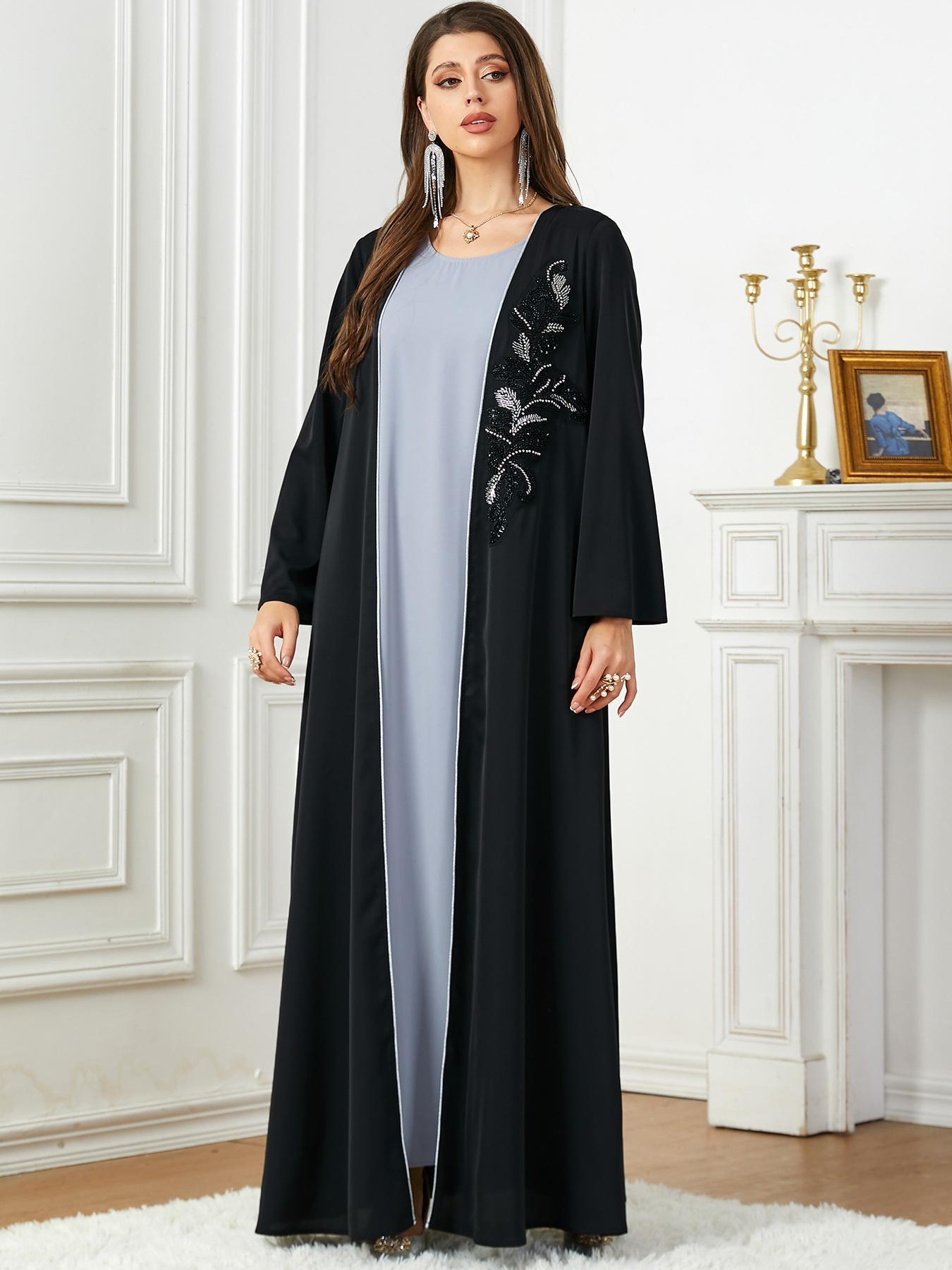 Women's Floral Embroidery Faux Pearl Decor Pleated Kimono Sleeve Abaya, Elegant Long Sleeve Open Front Abaya for Daily Wear, Ladies Islamic Clothing for All Seasons, Modesty Muslim Clothing, Floral Embellished Abaya