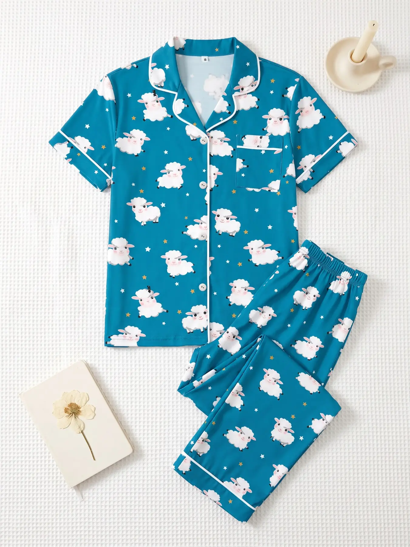 Women's 2-Piece Pajama Set, Short Sleeve Button-Up Shirt and Pants, All over Print, Casual Home Wear, Blue Base Sheep Pattern