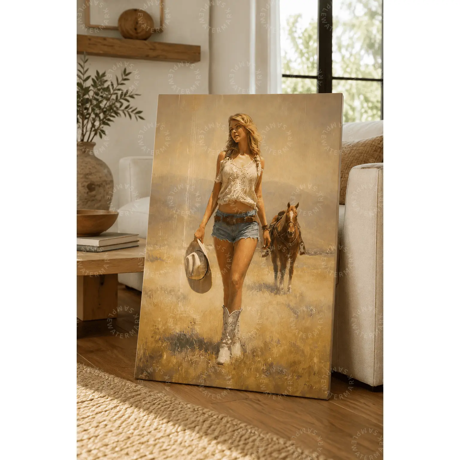 Vintage Western Cowgirl Horse Canvas Poster, Rustic Neutral Country Landscape Wall Art, Modern Farmhouse Living Room Bedroom Decor, Retro Southwest Cowboy Aesthetic Wall Hanging Gift