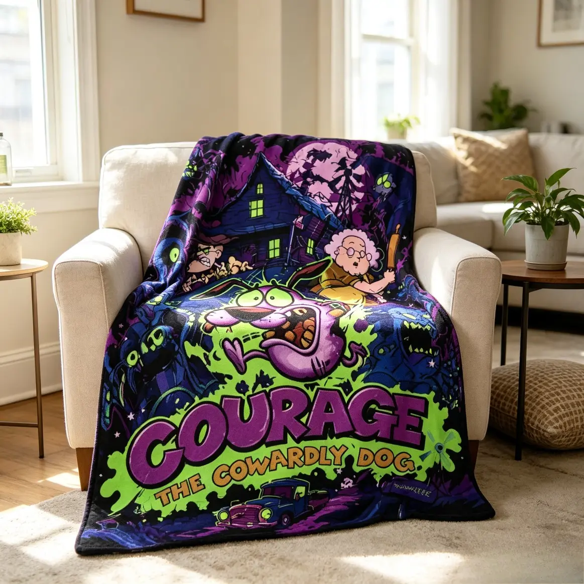 Courage The Cowardly Dog Inspired Neon Horror Plush Blanket Retro Cartoon Soft Throw For 90s Fans Spooky Nights Naps Horror Themed Home Decor Adult And Children Cozy Gift Bedding Duvet Bed Sheets Comforter Set Cooling Blankets