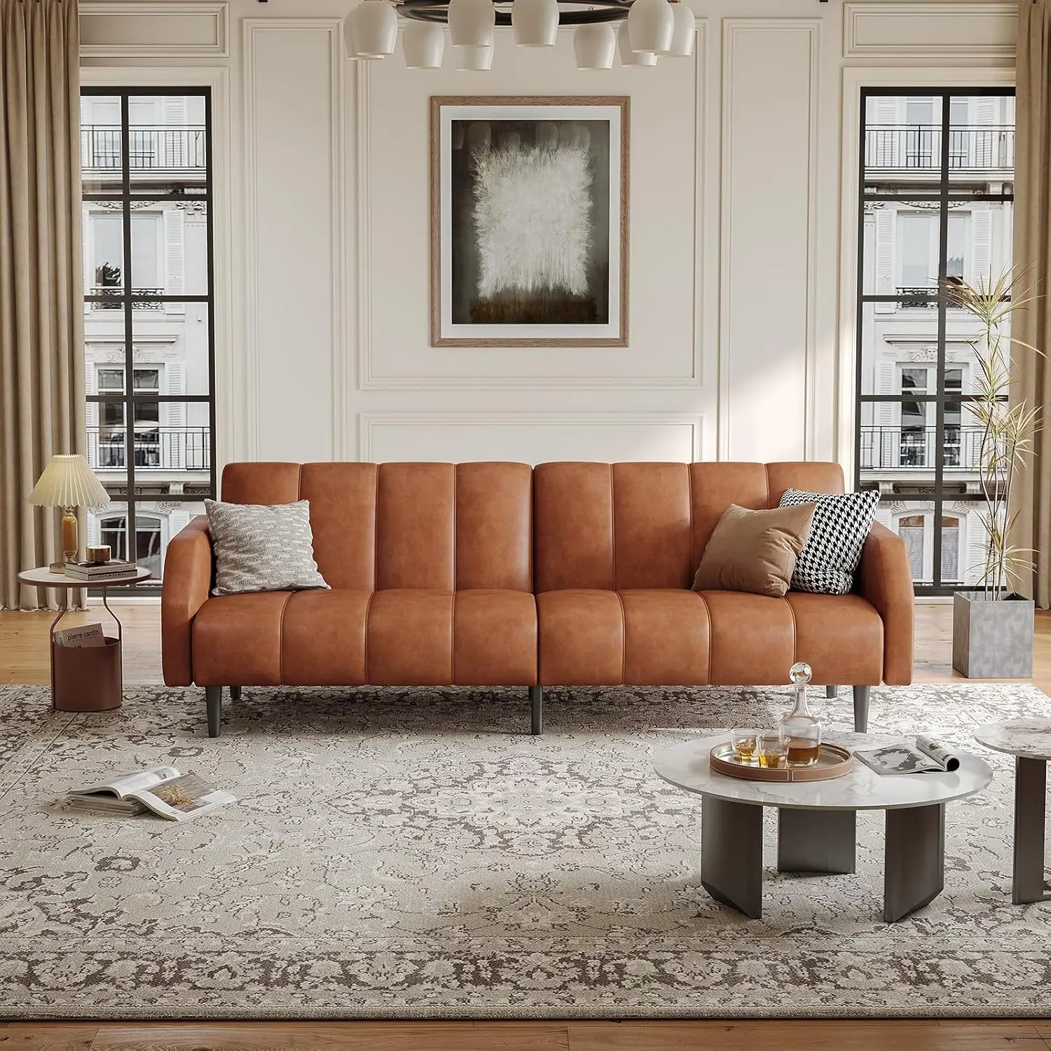 Faux Leather Couch, Convertible Futon Sofa Bed with Adjustable Backrest, Mid Century Leather Sofa Loveseat with Side Pockets& Metal Leg, Modern Leather Sleeper Sofa for Living Room Bedroom