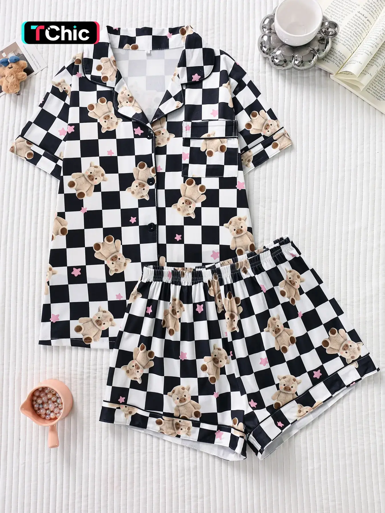 Women's Sleepwear Set, Smiley Face Print Pajamas, Lapel Button Short Sleeve Top & Elastic Shorts, Casual Fitted Nightwear