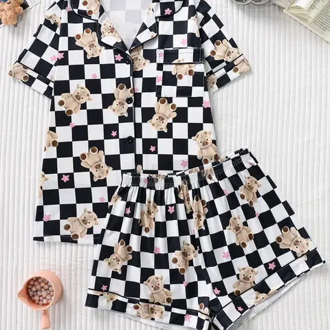 Women's Sleepwear Set, Smiley Face Print Pajamas, Lapel Button Short Sleeve Top & Elastic Shorts, Casual Fitted Nightwear, Pj Set