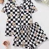 Women's Sleepwear Set, Smiley Face Print Pajamas, Lapel Button Short Sleeve Top & Elastic Shorts, Casual Fitted Nightwear, Pj Set