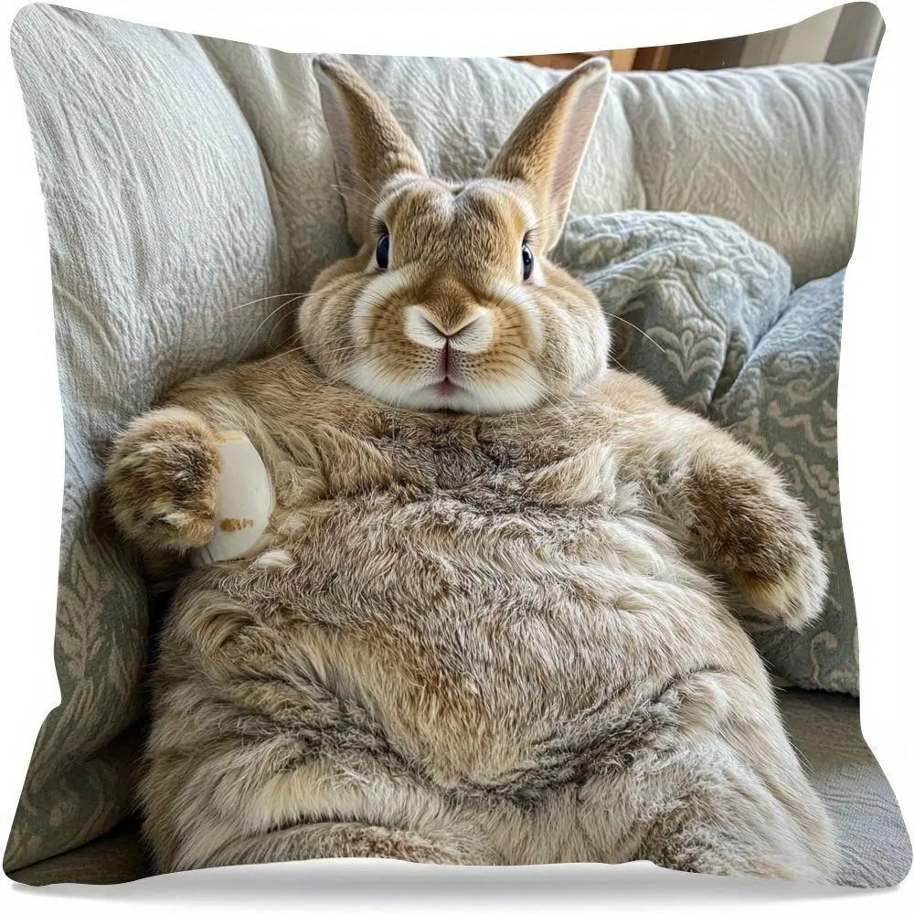 2PCS Whimsical Chubby Rabbit Sofa Pillow Covers - Soft Short Plush Polyester, Double-Sided Print, Zipper Closure, Machine Washable, Versatile Decoration, Ideal for Christmas-Easter Gifting (Pillow Insert Not Included), Adorable, Room Decor, Standard, Room