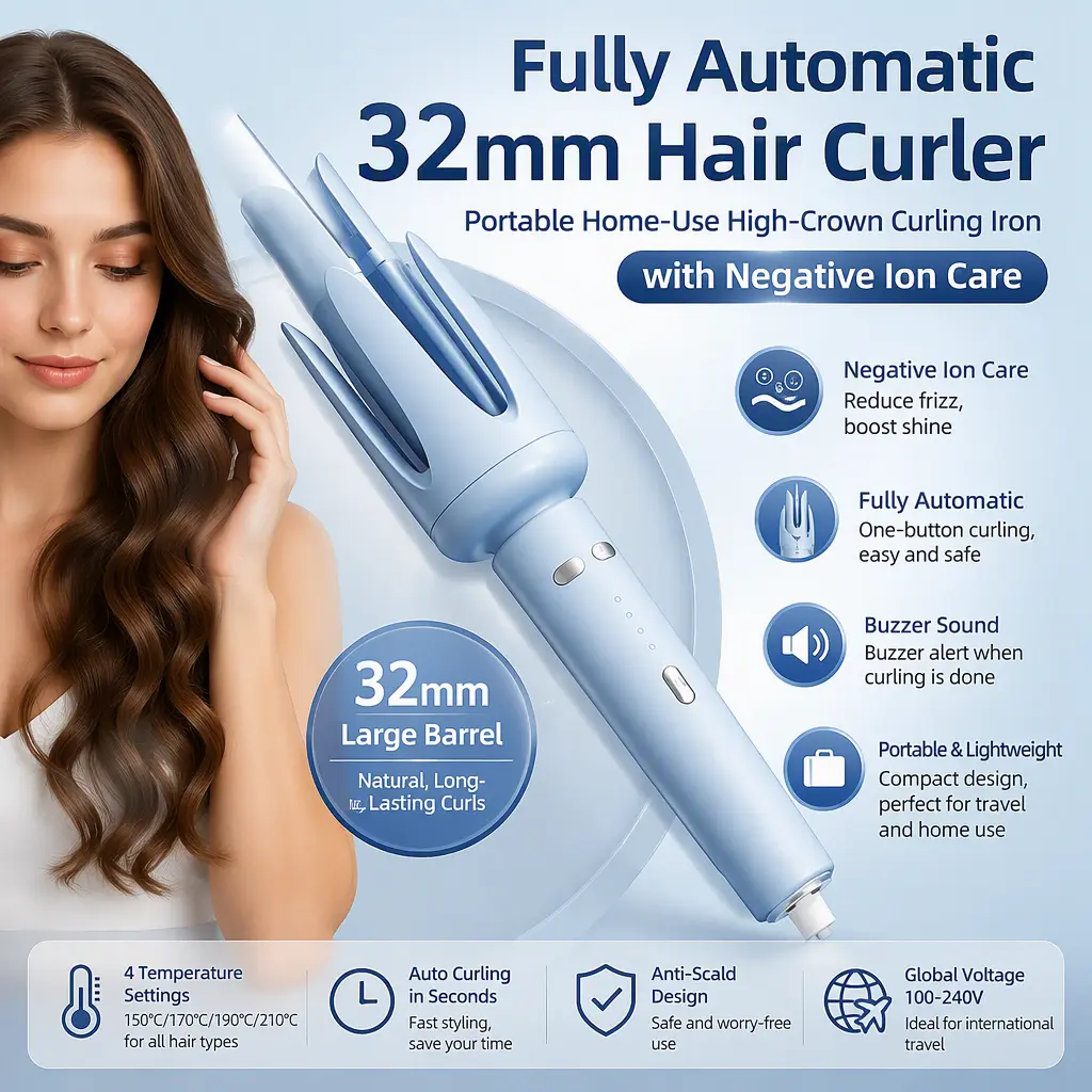 Fully‑Automatic 32mm High‑Crown Curling Iron, Portable Household Hair Curler with Negative Ion Hair Protection