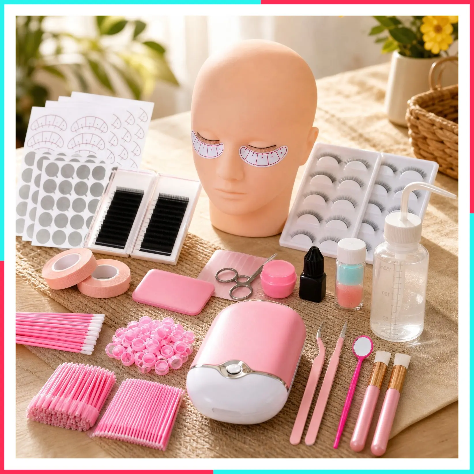Eyelash Extension Kit for Beginners with Mannequin Head, Professional Lash Starter Kit with Lash Fan, Lash Extension Supplies for Practice Training Kit (Pink)