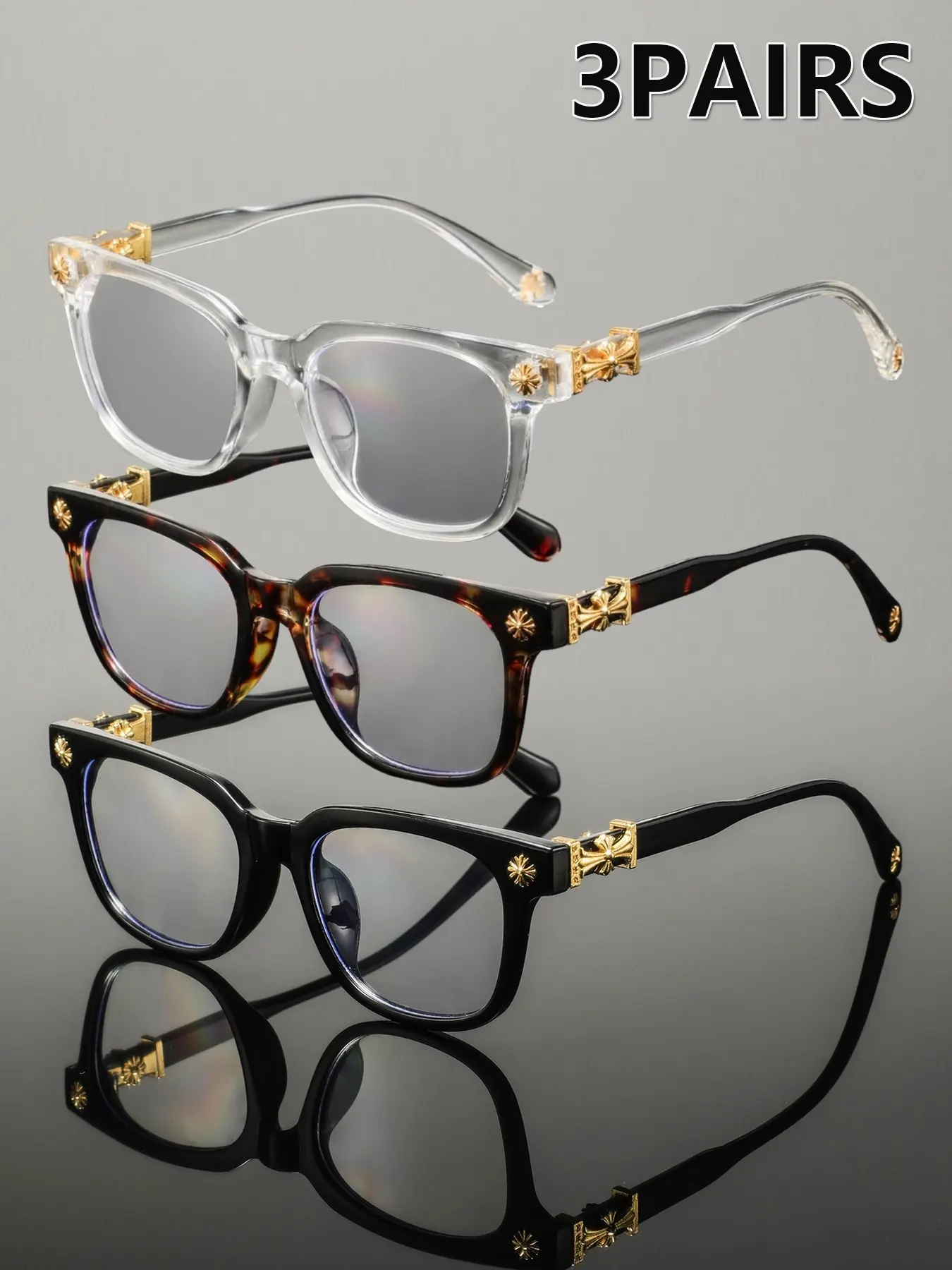 3pcs Men's Plastic Square Cross Star Studs, American Street Style Fashion Glasses, Elegant Casual Eyewear for College, Driving, Commuting
