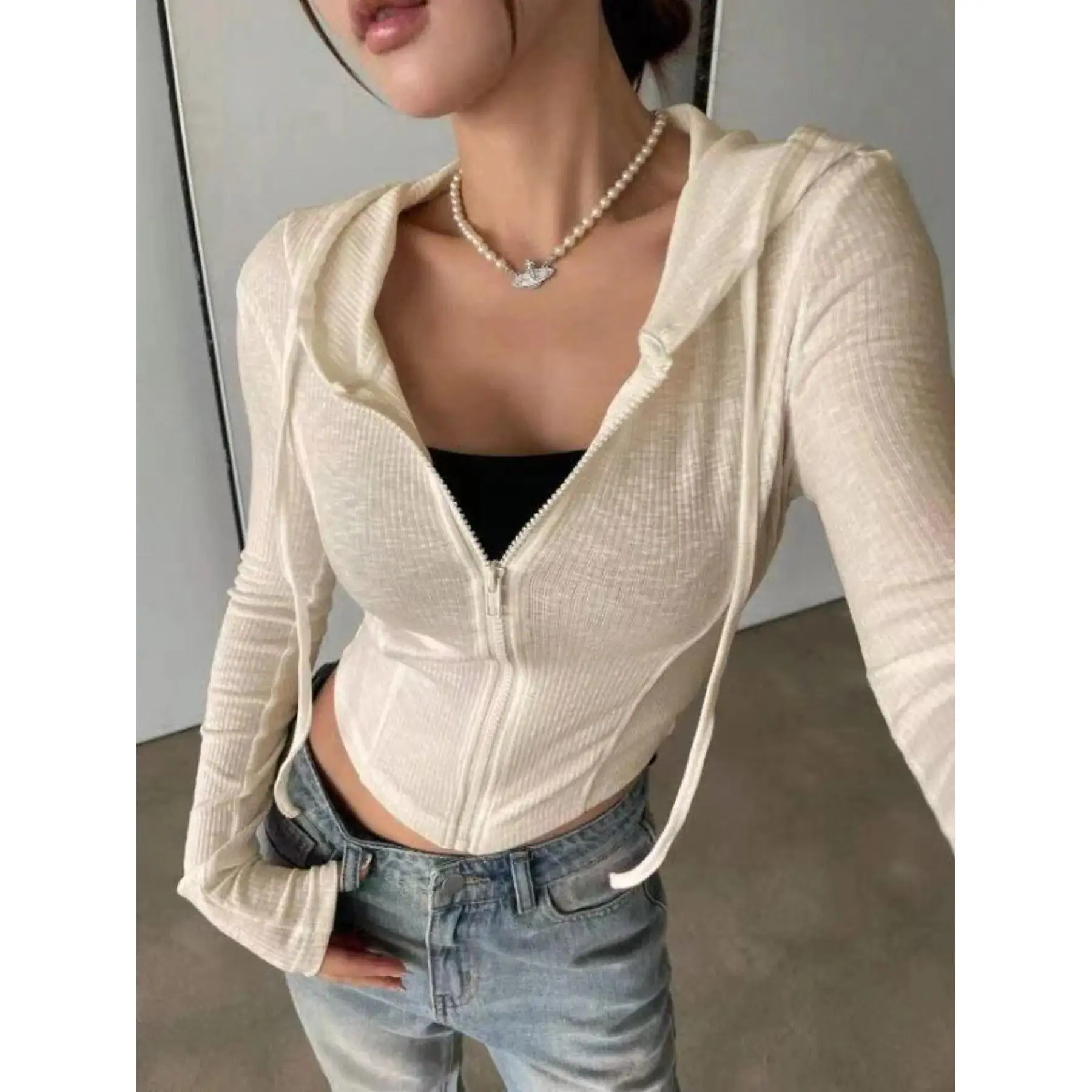 Spring Summer Long Sleeve Knit Hooded Sweater For Women Casual Open Front Drawstring Pullover Slim Fit Sporty Zipper Hoodie Casual Sweatshirt Womenswear Everyday Wear