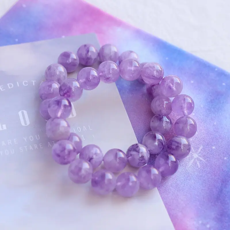 Women's 8mm Handcrafted Ethereal Lavender Amethyst Crystal Bracelet - Pastel Purple Cloud Veins Translucent Beads, Durable High-Elastic Stretch Cord, Minimalist Single Strand, Female Birthday Gift with Gift Packaging, Casual Daily Wear Stackable Jewelry