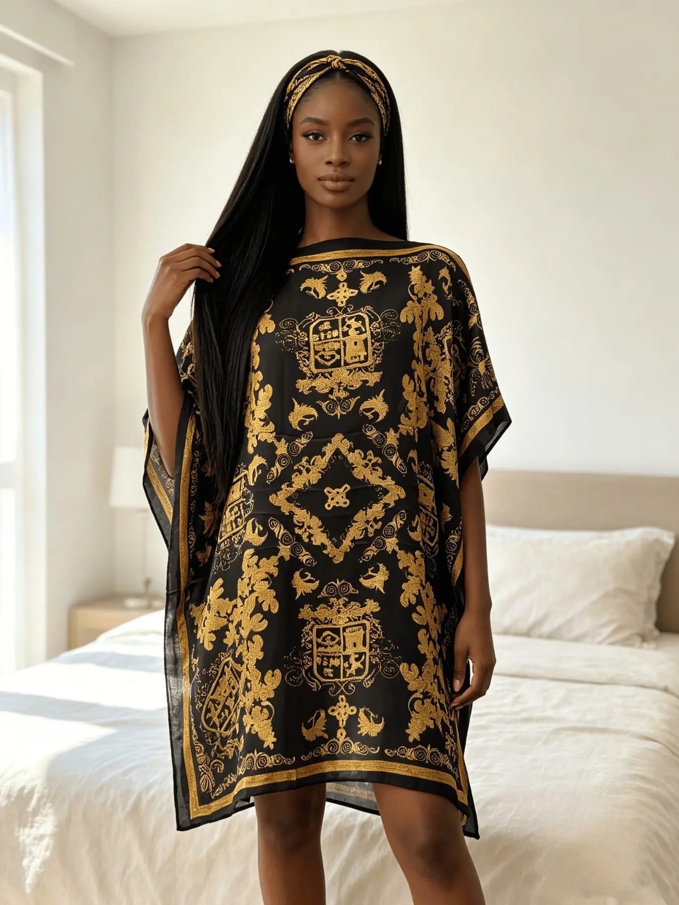 Luxury Gold Heraldic Print Satin Kaftan Mini Dress, Silk Feel Loungewear, Curvy Friendly Nightgown, Beach Cover Up