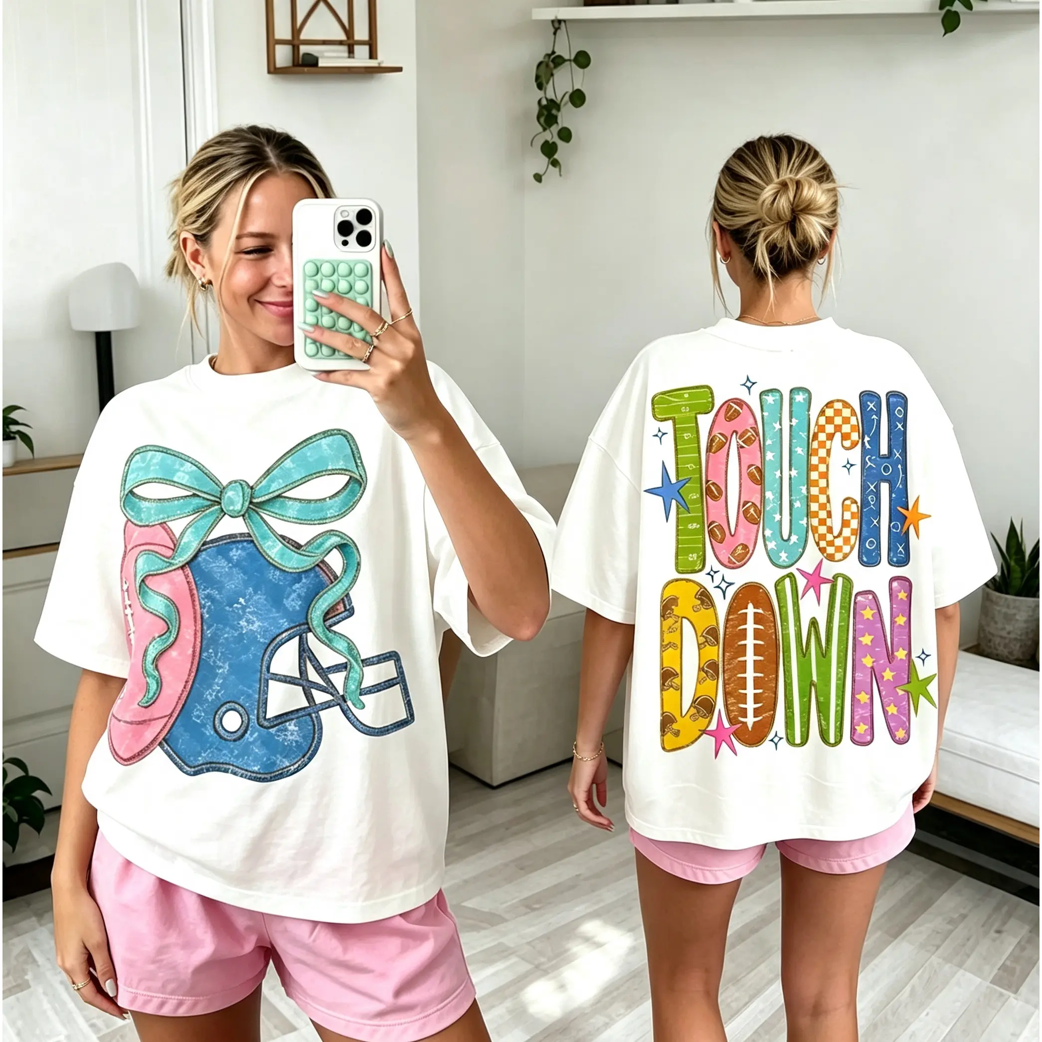 Unisex Crew Neck Short Sleeve Football T‑Shirt,Coquette Bow & Football Helmet Graphic Tee, Loose Casual Top For Game Day Parties And Sports Daily Outfits,Match Watching, Tailgate Activities And Autumn Streetwear # TikTokMadeMeBuyIt # TikTokShop # TouchDow