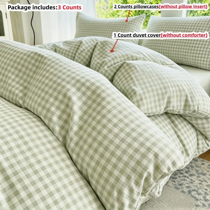 3pcs Light green and pink Plaid Duvet Cover Set, Includes 1 Duvet Cover and 2 Pillowcases,without comforter and pillow insert, Zipper Design, Soft Fabric, Suitable for All Seasons, Plaid Bedding Set