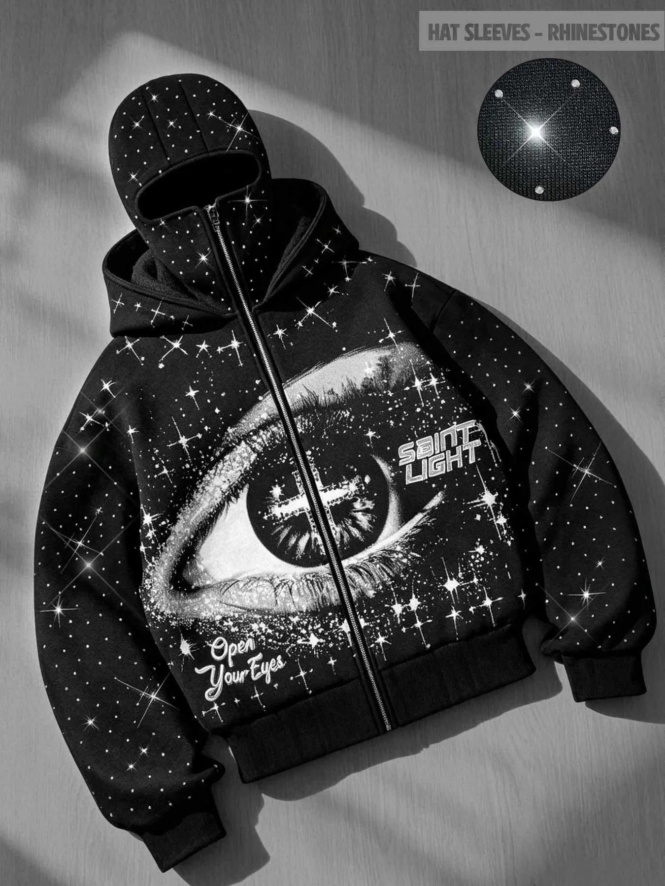 Men's Hooded Zip‑Up Hoodie with Full‑Head Cover, full‑face mask hood, rhinestone embellishments, printed "SAINT LIGHT" dark gothic‑style eye graphic, Y2K hip‑hop streetwear brand men's zip‑up hooded street jacket Sweatshirts