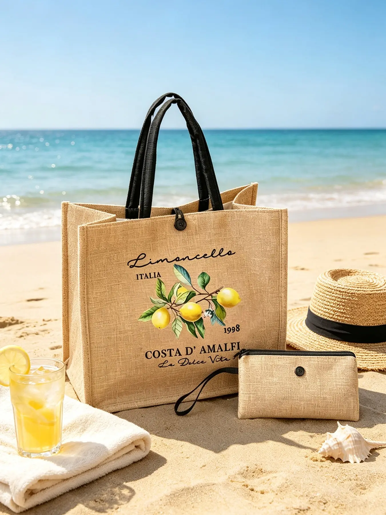 Amalfi Coast Lemon Wine Theme Jute Tote Bag Set, Vintage Italian Lemon Print Large Holiday Handbag, Perfect for Women's Gifts & Beach Outing