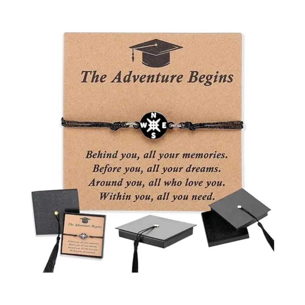 Hand-Woven Compass Charm Graduation Bracelet, Meaningful Keepsake Doctoral Cap Gift Box Friendship String Bracelet (Festive Party Gift Supply)