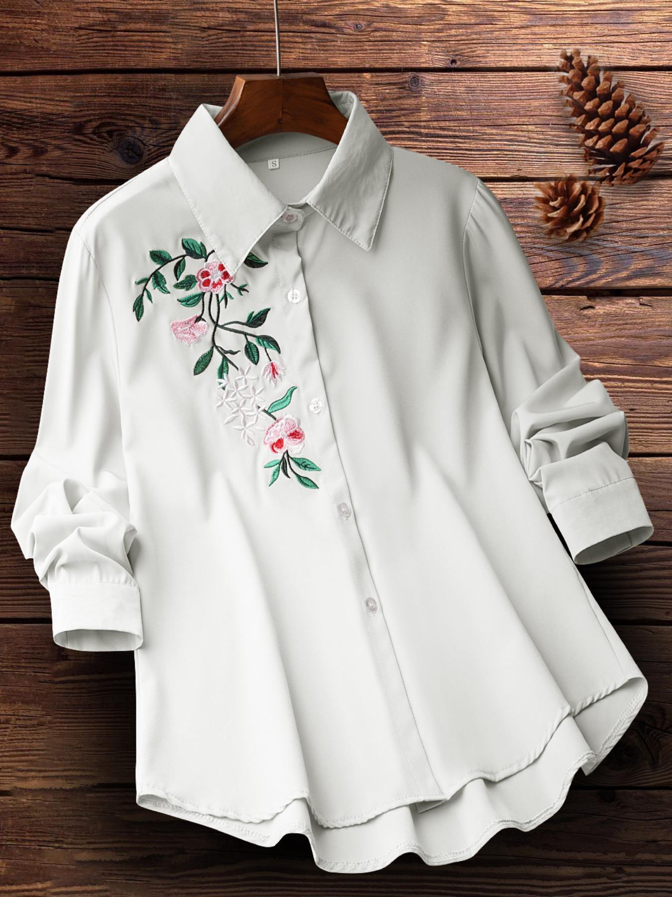 Women's Floral Embroidery Plicated Button Front Shirt, Fashion Casual Long Sleeve Collared Top for Daily Outdoor Wear, Ladies Clothes for Spring, Womenswear