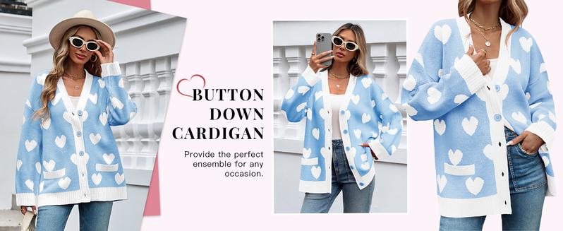 Saodimallsu Womens Oversized Heart Cardigan Color Block V Neck Button Long Sleeve Chunky Valentines Sweaters with Two Pockets & Contrast Trim