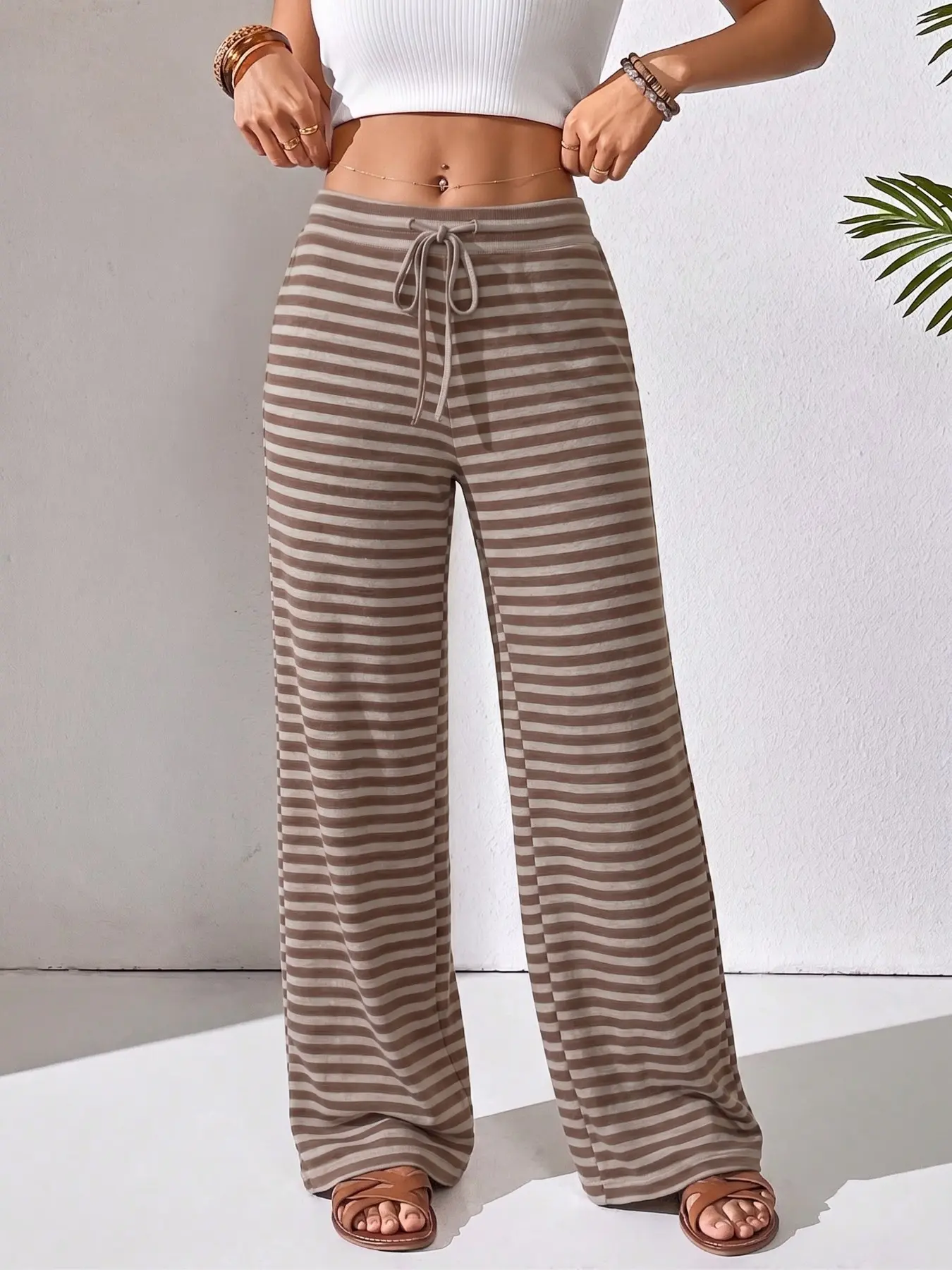 Lightweight Buttery Soft Stretch Breathable Jersey Elastic High Waist Adjustable Drawstring Classic Striped Print Relaxed Loose Fit Lounge/Pajama/Beach/Vacation/Travel/Casual Daily/Athleisure OOTD Comfy Daily Wear Casual Women Wide Leg Pants For Summer Ou