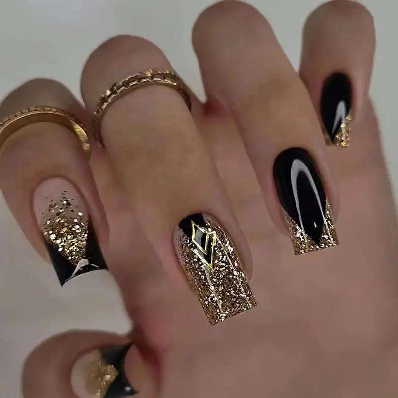 Black Gold Glitter Geometric French Coffin Press On Nails Long Square Luxury Sparkly Fake Nails Evening Party