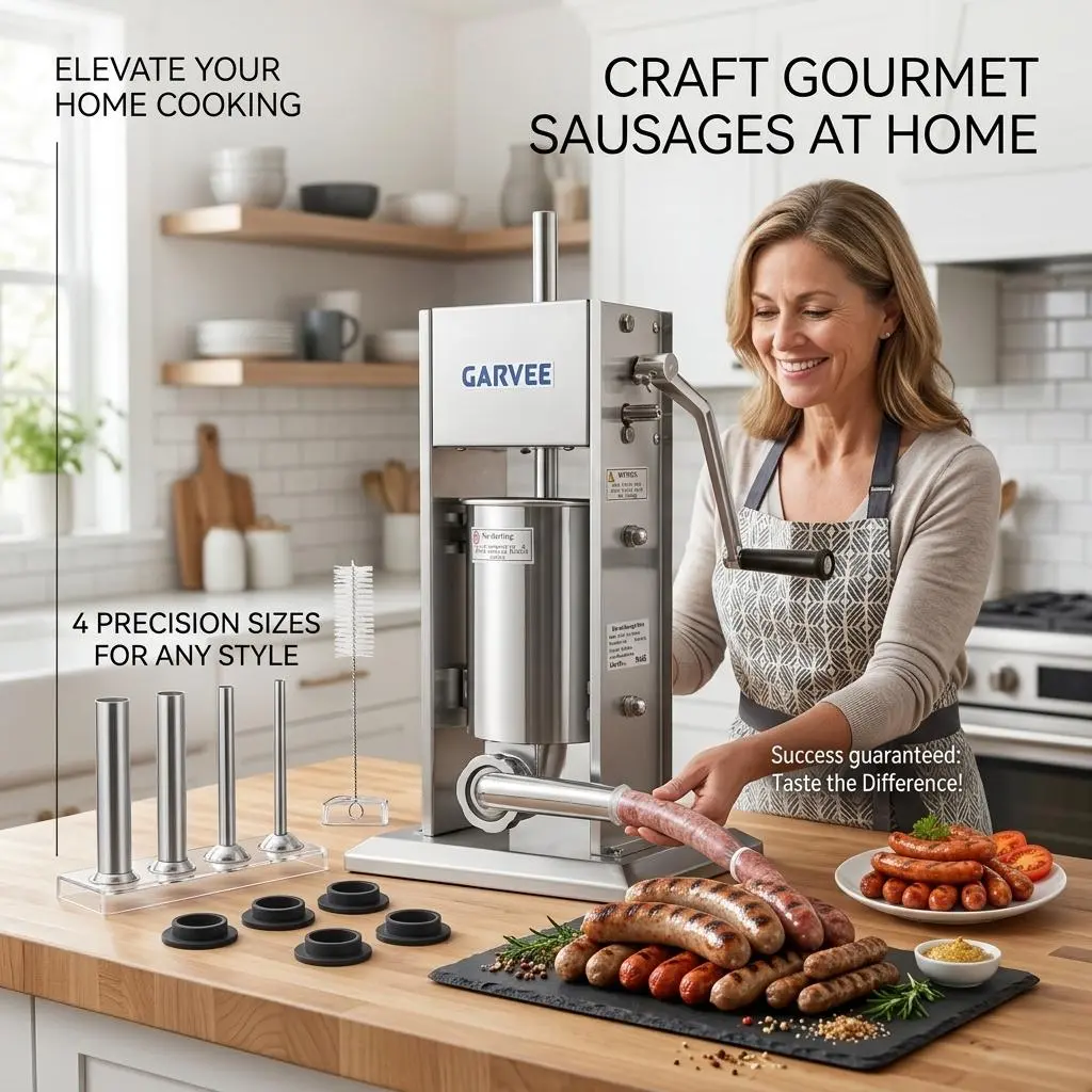 Garvee 304 Stainless Steel Manual Vertical Sausage Stuffer - 2-Speed Gear & Torque Adjustment - Includes 5 Filling Tubes & Cleaning Kit - 11LB/5L + 7LB/3L Combo