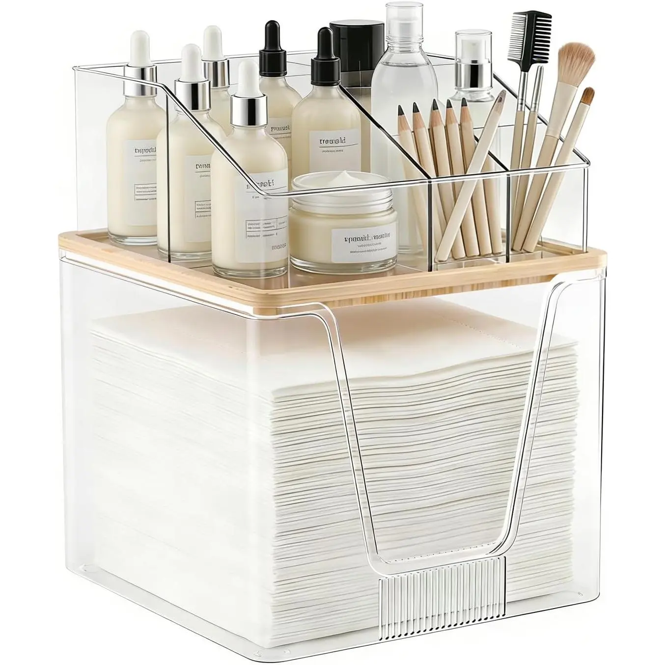 2 in 1 Disposable Facial Towel Holder and Cosmetic Organizer, Clear Storage with Bamboo Lid Compatible with Clean Skin Club Towel XL, Stackable Vanity Organizer for Bathroom Vanity Counter (1 Pack)   room