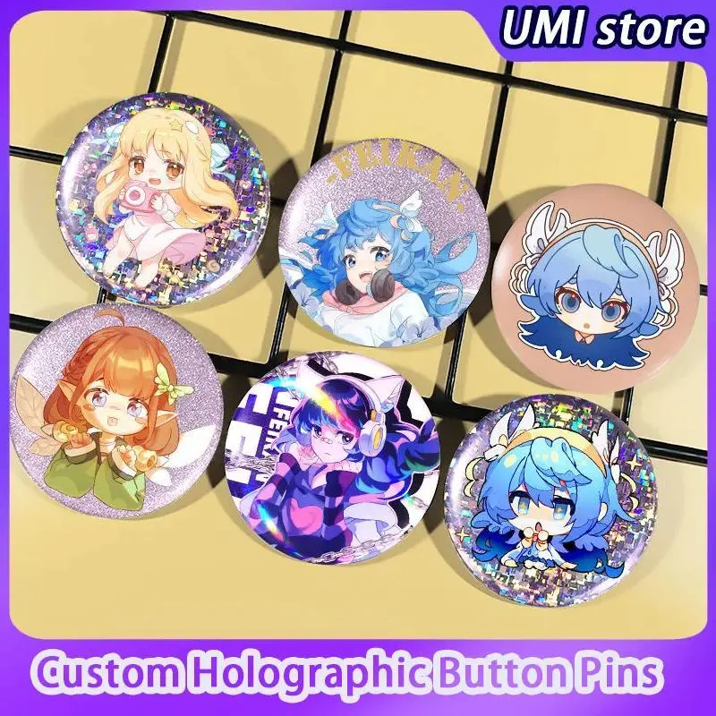 2026 new hot item Custom Glitter Holographic Button Pins Custom Round Badges Photo Text Graphic Personalize Metal Tinplate Pins Gifts for Kids