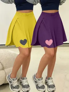 2026 Black Full Diamond Heart Pink Full Diamond Spring/Summer Hot-Selling New Arrival Daily Casual Sport Solid Color, Elastic Women's Versatile Multi-color Commuting Streetwear Slimming Short Anti-exposure Skirt and Pants