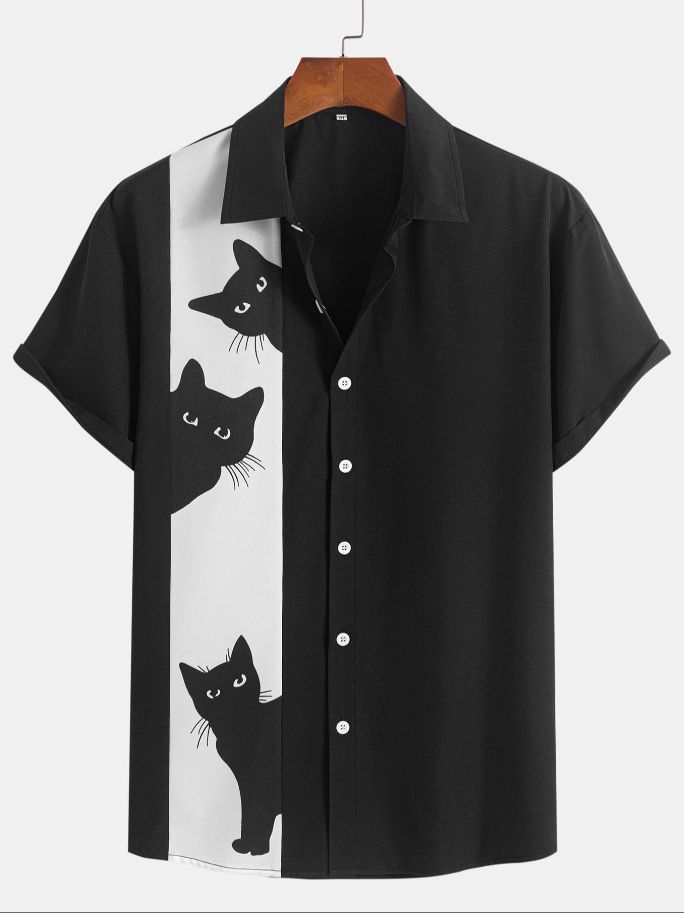 Men's Cat Print Button Front Shirt, Regular Fit Casual Short Sleeve Collared Top for Summer, Fashion Men's Top for Daily Wear, Animal Print Shirt
