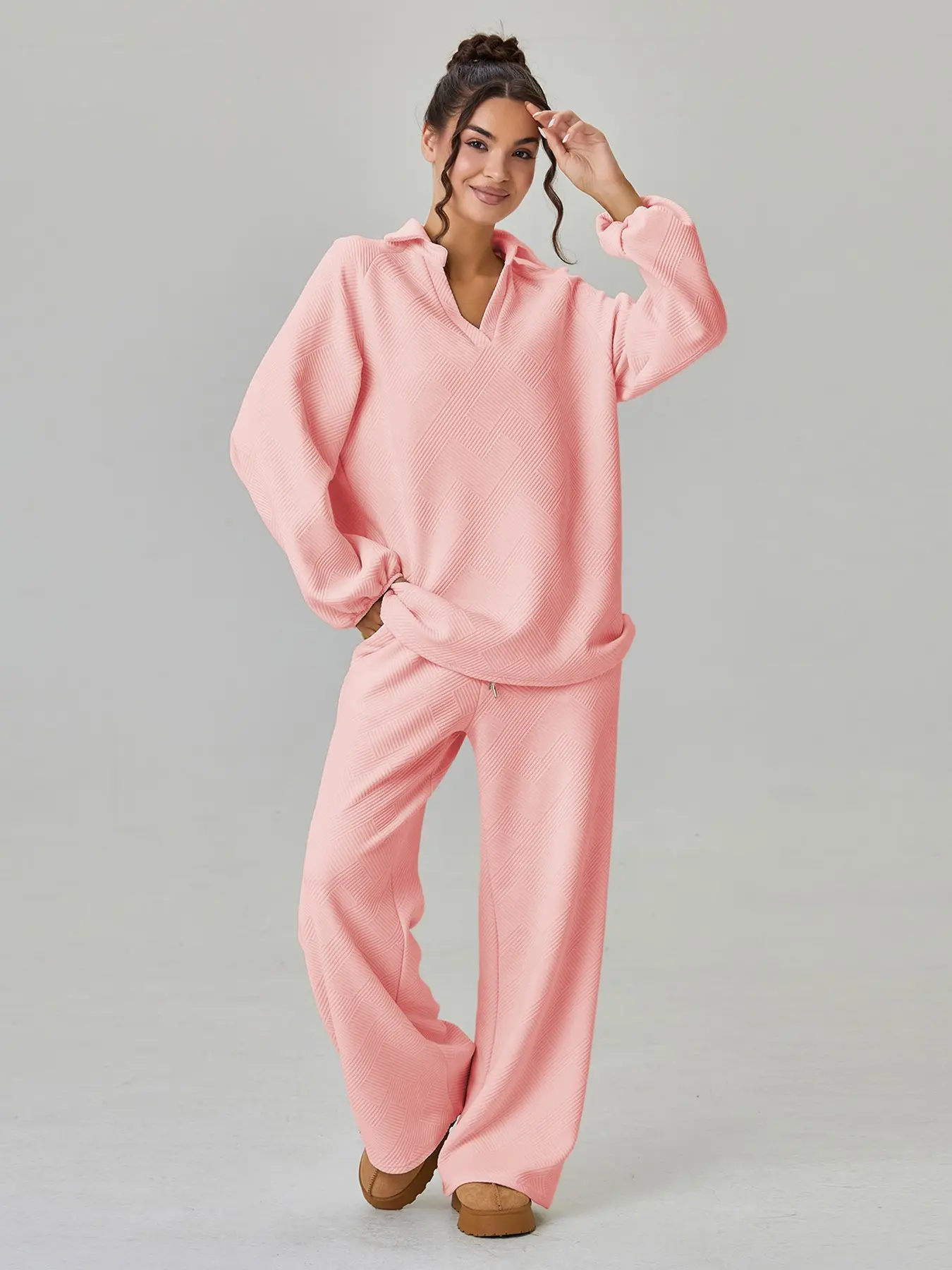 Women's Loose Fit V-Neck Knit Top and Drawstring Pants Set, Minimalist Two-Piece Pajama Set Lounge Wear, Soft Comfortable Loungewear