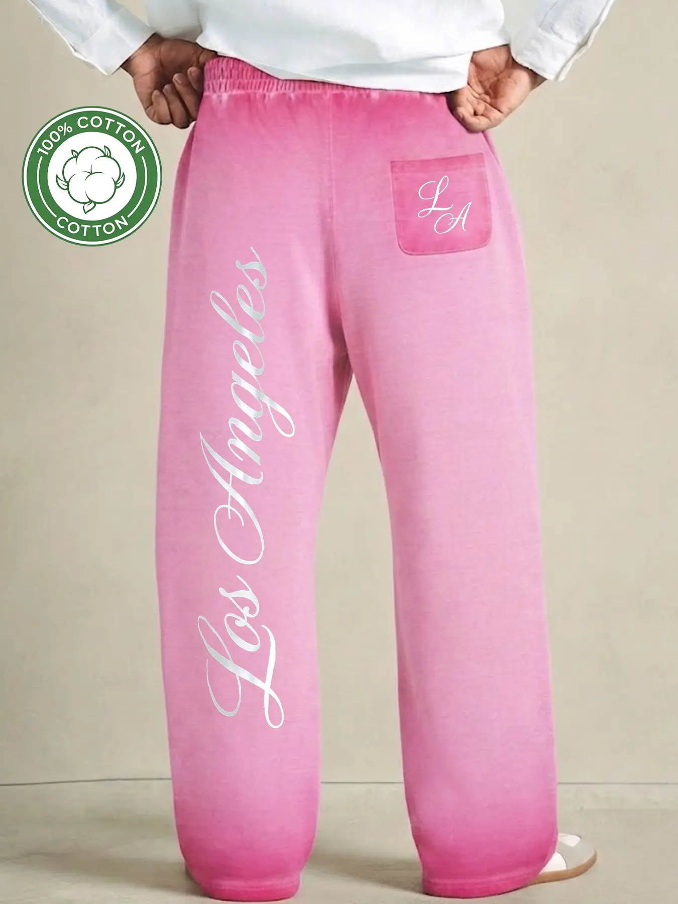 Gradient Los Angeles Letter Wide Leg Sweatpants, 100% Cotton Casual Long Pants, Loose-Fitting Pajama Set for All Seasons