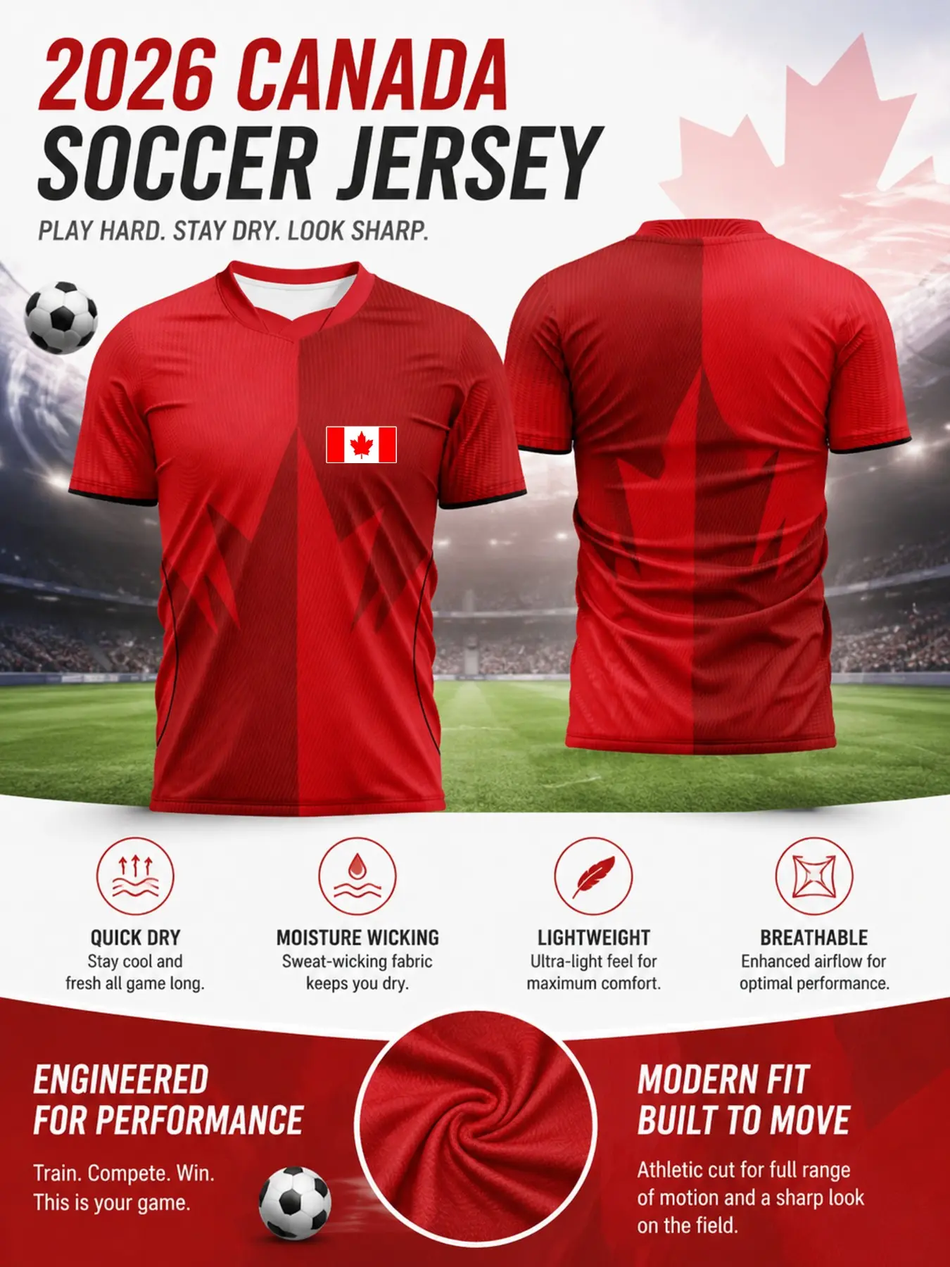 2026 Canada National Team Men's Soccer Jersey, Sport Jersey, V-Neck Quick-Dry Mesh T-Shirt, Trim, Maple Leaf Flag, Training & Casual Wear, Short Sleeve Jersey