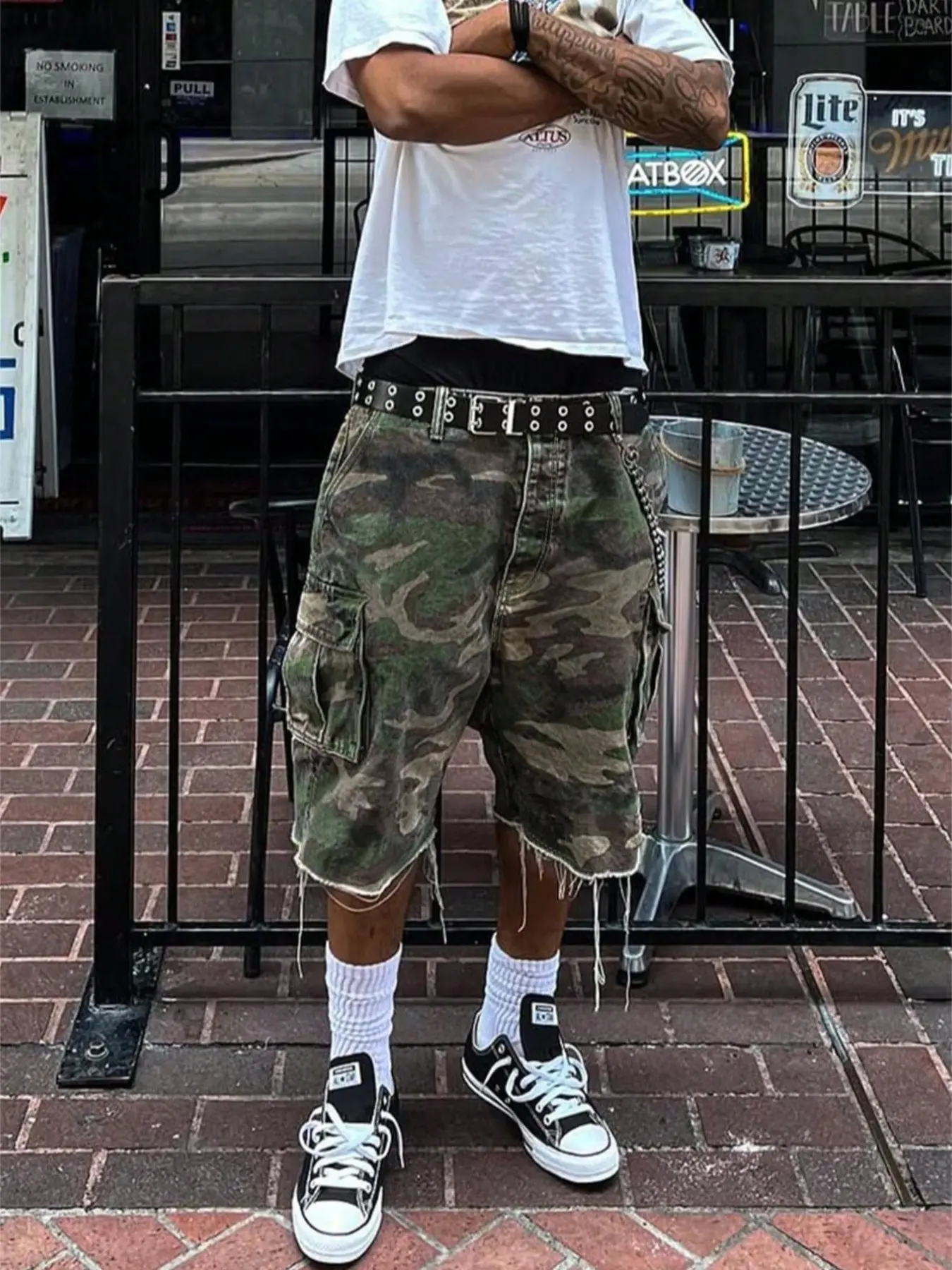 Camouflage Shorts, Workwear Denim Shorts, Multi-Pocket Denim Shorts, Summer Pants, Loose-Fit, Street Style, Cotton, Hip-Hop Fashion